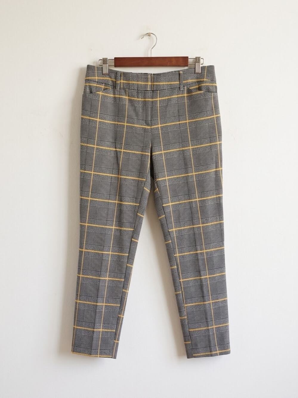 New York & Company Glen Plaid Ankle Pants Size 10 Black Yellow Stretch Trousers